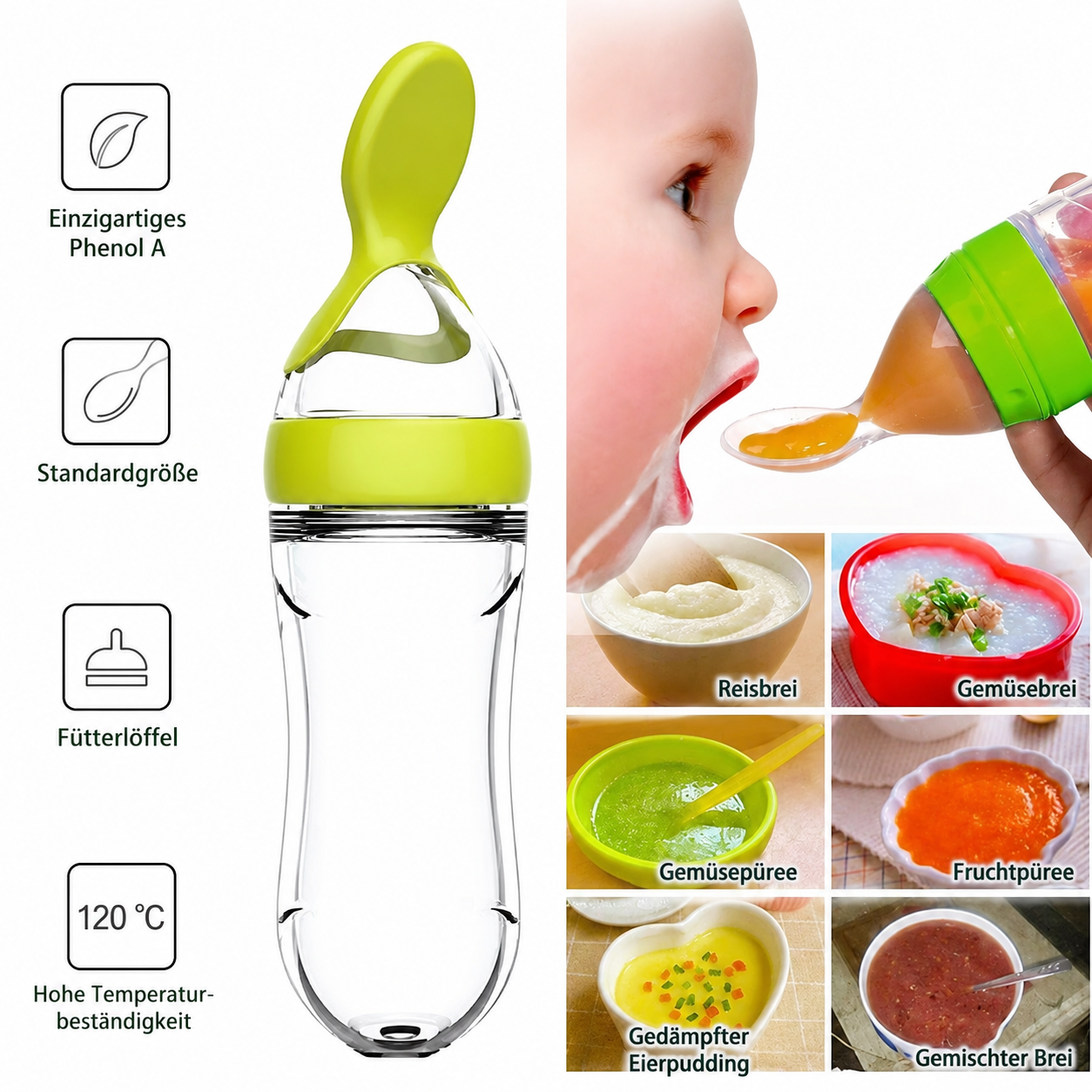 Baby Quetschflasche mit Silikonlöffel für Brei & Beikost