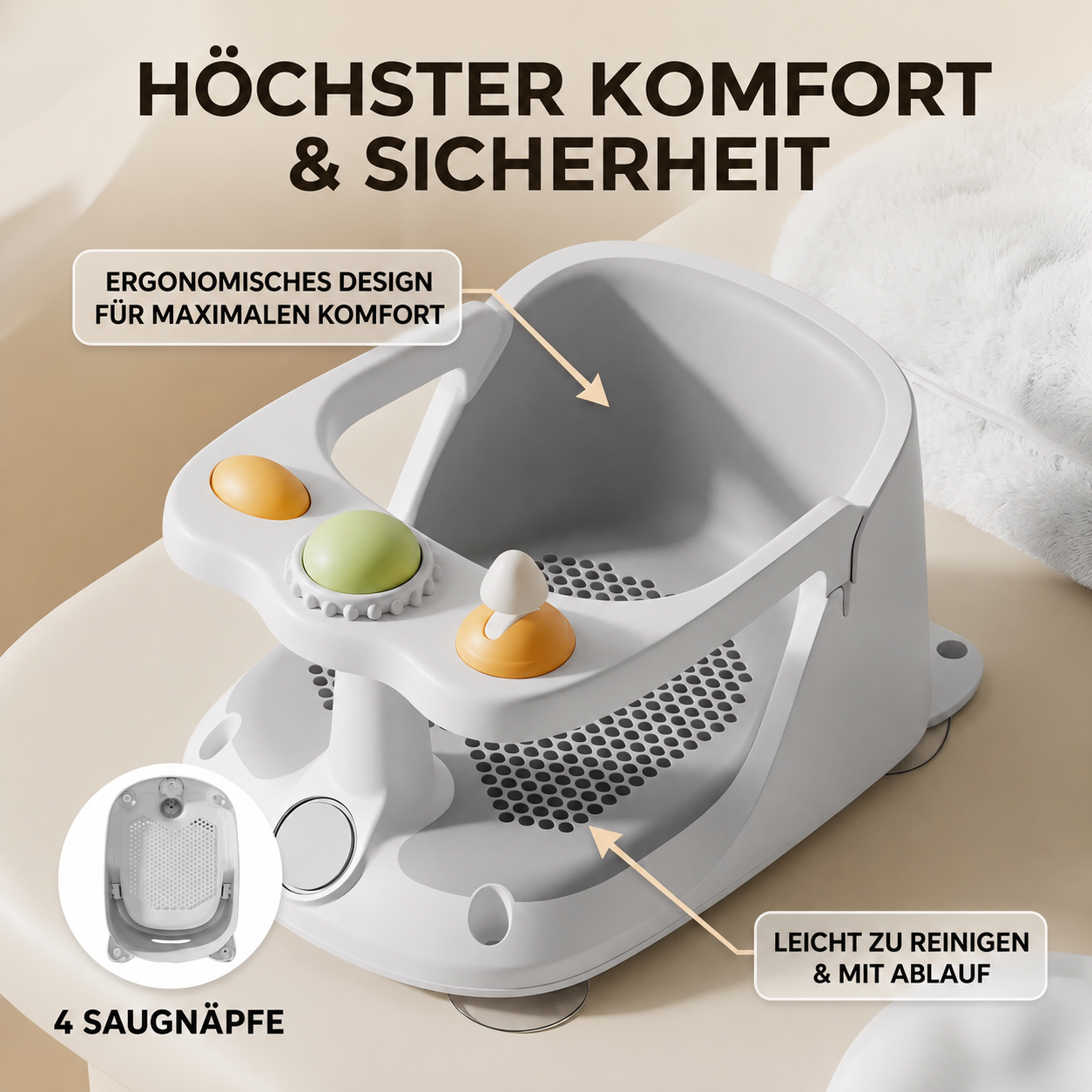Baby Badesitz mit Spielzeug – Sicher & Rutschfest
